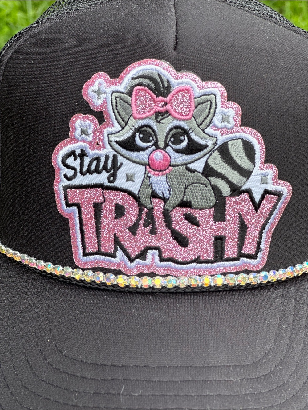 OTTO Black Trucker Hat with Pink Raccoon "Stay Trashy" Patch - Picture 2 of 3